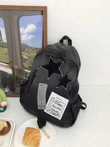 Y2K 紮染漸層復古星星與字母印花報紙大容量中性酷街頭風女款後背包，開學熱門星星印花 - 黑色 - 查看 4