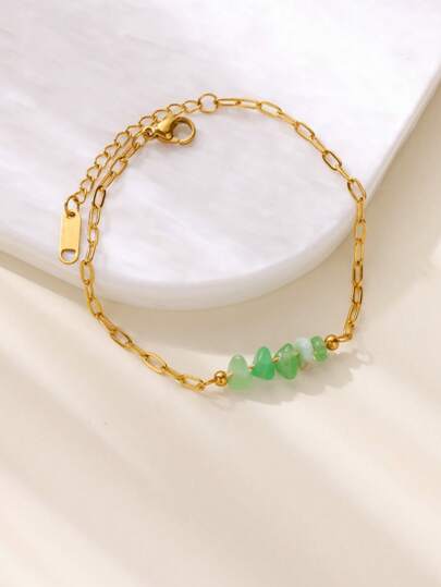 1 pieza Pulsera de cadena de piedra verde para mujeres y hombres, pulsera de acero inoxidable color dorado, banda de pareja vintage de playa de verano, joyería estética, regalo