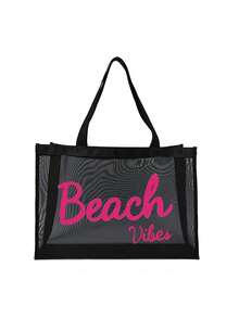 Nylon Mesh Bag Beach Letters Pattern Mesh Tote Bag With Large Capacity Beach Bag,Mother's Day Gifts,And Mesh Toiletry Bag Portable Beauty Bag,Seaside Atmosphere Beach Mesh Tote Bag,Large Capacity Shopping Bag,Use Tt Yourself Or Give Gifts To Others,For Friends,Mom,Teachers,Teacher Gifts,Large Capacity Tote Bag - Black - View 14