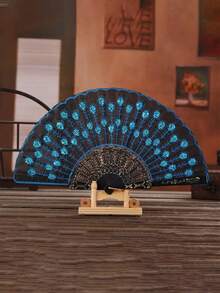 1PC绣花亮片扇孔雀尾亮片扇适用于舞台舞蹈配饰日常家居凉扇居家柜台摆件烫金刺绣礼品扇扇子绣花扇夏季必备凉扇旅行配饰