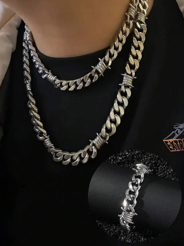 1 Conjunto/3 Peças Colar de Espinho de Aço Titânio Estilo Gótico Punk + Pulseira, Acessórios de Moda Unissex, Presente Adequado para Festas e Eventos.