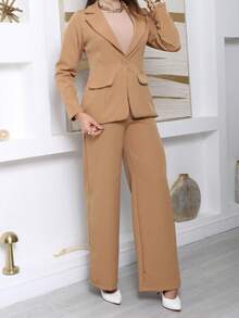 TAILORED BLAZER SET WITH PANTS, FORMAL ELEGANT, CLASSIC, PREMIUM, AUTUMN, WINTER - Màu Khaki - Xem 3
