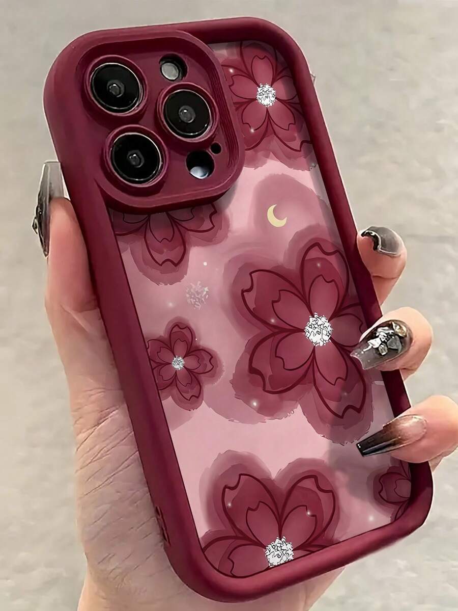 1 件粉色花卉图案勃艮第哑光全覆盖防摔 TPU 手机壳适用于 Apple 17 16 15 14 13 12 11 Pro Max - 酒紅色 - 查看 1