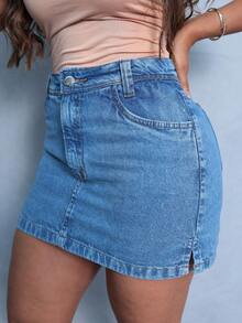Shorts Jeans Skirt With Side Opening - 中等水洗藍 - 查看 5