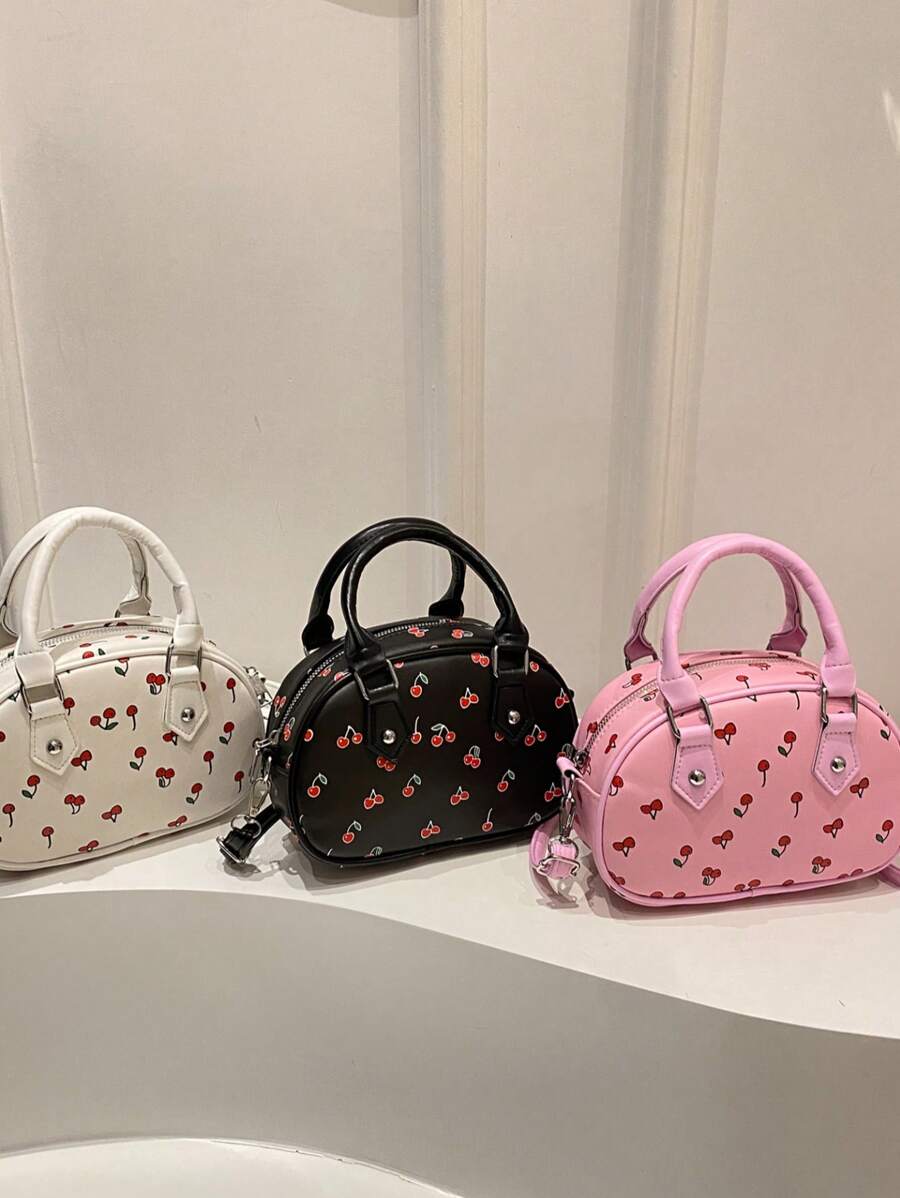 2025新款印花樱桃图案女士托特包，休闲单肩斜挎包，大容量