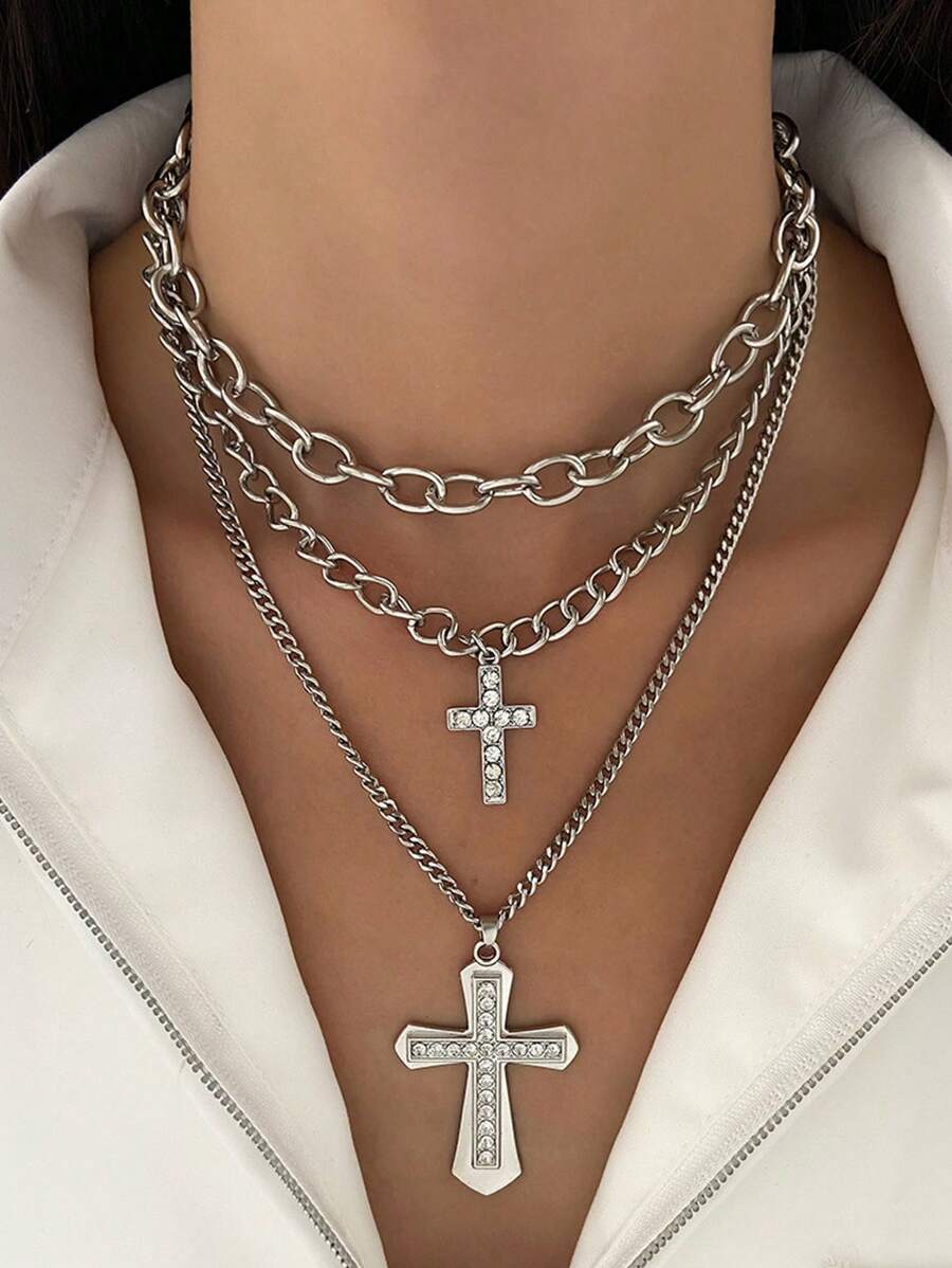 简约时尚新款多层镂空心形十字架吊坠项链男女日常佩戴都适用 - 銀色 - 查看 1