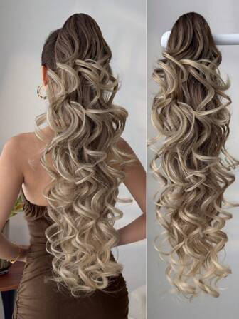 Klo-hästsvansförlängning Svartbrunt 28 tum långt naturligt vågigt värmebeständigt fiber syntetiskt hästsvanshår, lämplig för daglig användning av tjejer och kvinnor på fester