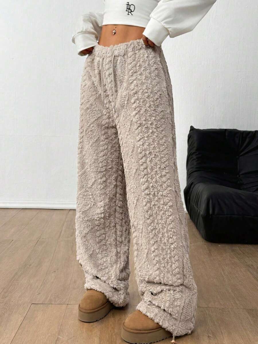 Pantalones sueltos con cordón de unicolor y esponjosos para mujer de talla grande - Café integral - Ver 1