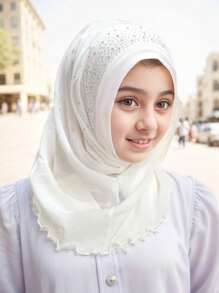 1pc Sequined Solid Color Elastic Convenient Beanie Headscarf For Girl, Handmade Chain Decor Hijab Turban Cap