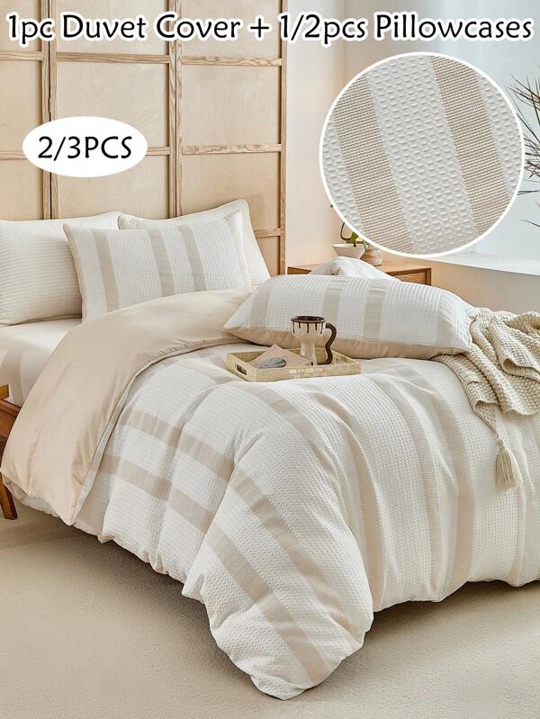 2/3 pièces Ensemble de housse de couette en polyester gaufré kaki, ensemble de literie moderne et élégant pour toutes les saisons, doux, respirant, lavable en machine (1 housse de couette + 1/2 taie d'oreiller)