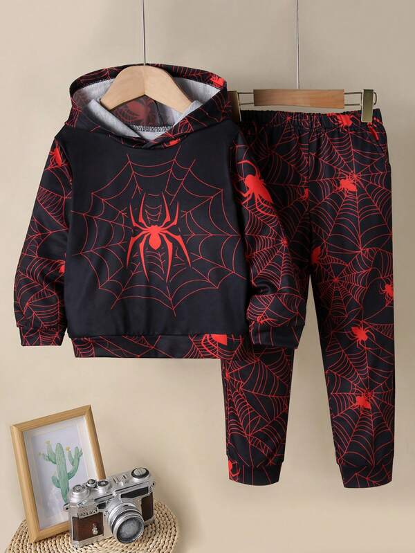 Conjunto de 2 peças de moletom com capuz de manga comprida, casual, solto e confortável, estampa de aranha, para meninos, moderno para outono/inverno