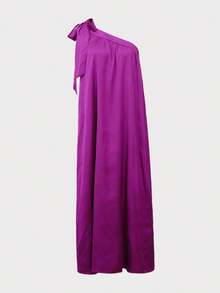 Elegant Solid Color Maxi One-Shoulder Dress, Summer - Hot Pink - View 6