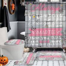1/4 Pcs Grey & Pink Quote Shower Curtain Set With Bath Mat, Decorative Housewarming Gift, Modern Home Decor Bathroom Curtain & Mat 3 Pieces Set With 12 Shower Curtain Hooks, Suitable For All Seasons, Perfect Daily & Holiday Gift For Friends & Family