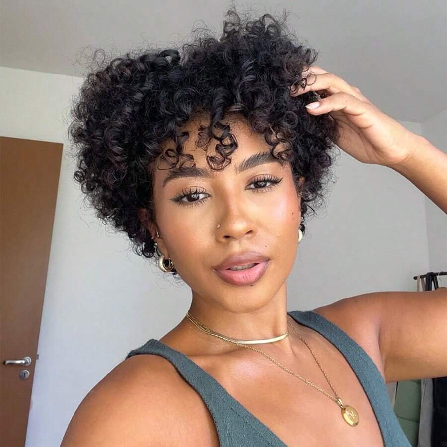 Afro Kinky Curly Human Hair Wig For Women With Bangs Remy Brazilian Human Hair Wig Short Water Curly Pixie Cut Human Hair Wig Rose Net Cap Full Machine Made 4" 200% Density Holiday Wear Party Wear