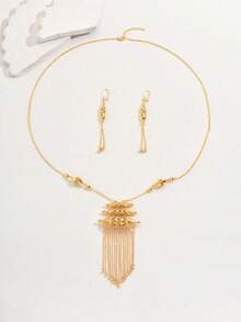 3 件套复古夸张阿拉伯风格金属空心圆柱流苏项链和耳环套装，女士新娘婚礼派对节日礼物 - 金黃色 - 查看 3