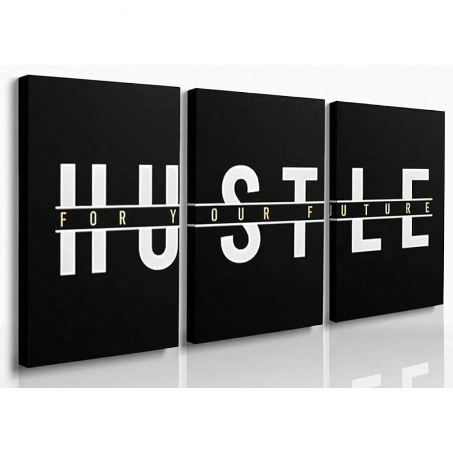GUBIYU Black Hustle Grind Execution Wall Art Set Of 3 Framed Canvas Office Inspirational Motiviational Wall Decor Art Positive Quotes Posters Living Room Pictures Walls Decor Mens Guys 12x16 - 黑色002 - 查看 1