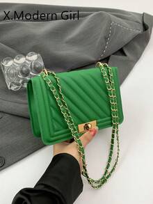 Fashion New Solid Color PU Embossed Mini Shoulder Bag, Street Commuter Crossbody Bag, Minimalist Women's Chain Small Square Bag - Green - View 2