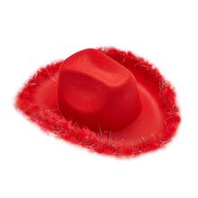 Womens Cowboy Hat, Adult Solid Color Furry Trim Wide Brim Hat Female Cap For Dating Party - Red - View 10