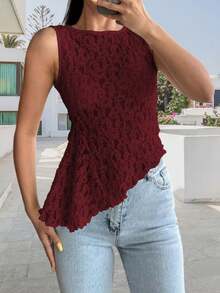Women Lace Tank Top, Sleeveless Tops Crew Neck Irregular Slim Fit Summer Clubwear For Daily Party - 酒紅色 - 查看 2