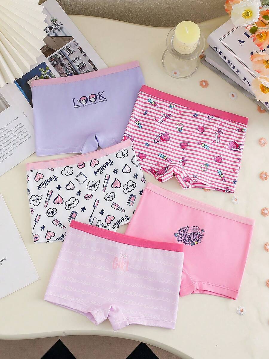 Chatreadl 5pcs/Set Girls' Comfortable Breathable Stretch Panties With Cute Lipstick, Diamond Ring, Bow, Letter & Cartoon Patterns - Multicolor - View 1
