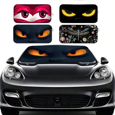 1pc Polyester Car Windshield Sun Shade With Interesting Printed Patterns, Fashionable Sunshade Accessory Suitable For Various Car Models, Provides Heat Insulation And Privacy Protection, Foldable For Easy Storage