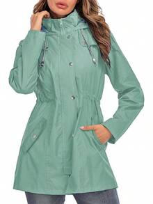 Kikibell Rain Jacket Women Striped Lined Hooded Lightweight Raincoat Outdoor Waterproof Windbreaker - 青色不透明 - 查看 1
