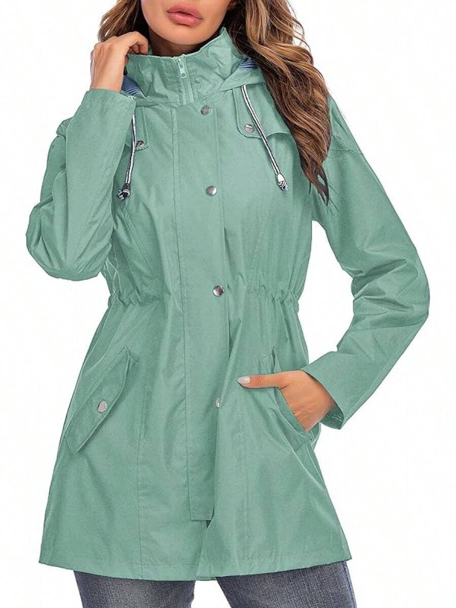 Kikibell Rain Jacket Women Striped Lined Hooded Lightweight Raincoat Outdoor Waterproof Windbreaker - 青色不透明 - 查看 1