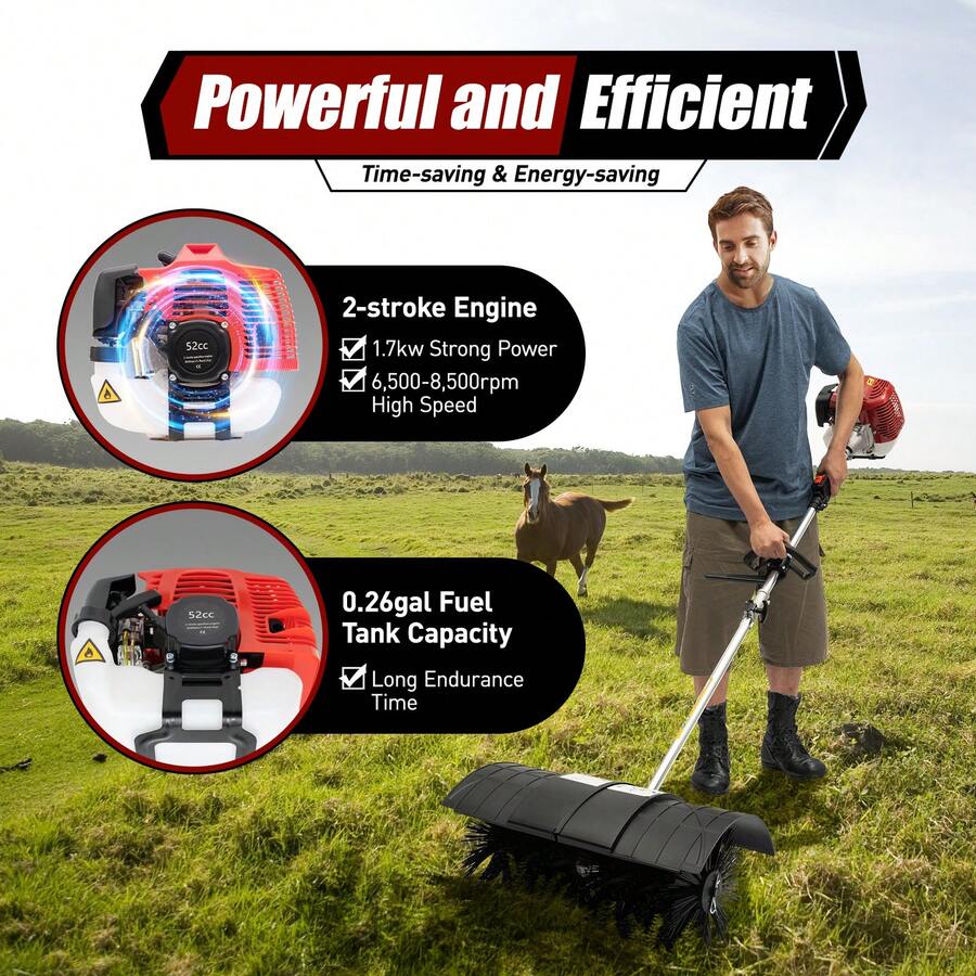 52cc 2-Stroke Gas Powered Broom - 1700W (2.3HP) Lawn Sweeper For Golf Courses, Soccer Fields & Artificial Turf - 25.5cm Nylon Brush, 60cm Wide Cleaning Path, 1.8m Adjustable Handle - Black Red - View 1