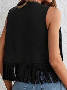 Chaleco de gamuza con borlas para mujer, estilo hippie de los años 70, sin mangas, con abertura frontal, chaqueta estilo western - Negro - Ver 6