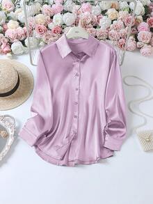 女士经典长袖缎面衬衫，优雅百搭，春夏 - 紫丁香色 - 查看 2