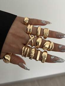 12/10/3 件时尚简约优雅复古设计叠戴戒指套装，心形、水钻、蝴蝶结、仿珍珠、几何纹理宽带戒指，适合节日、派对、礼物、日常佩戴