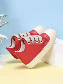 1 Pair Children Fashion PU Leather Sport Shoes, Anti-Slip Wear-Resistant Winter Thermal Lined Warm Comfortable Sport Shoes,Cute Little Girls Outdoor Casual Shoes - Red - View 4