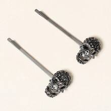 2pcs Gothic Style Skull Hair Clips - Vintage Rhinestone Decor All-In-One Design, Suitable For Halloween Party Outfits, Bold Color Hair Clips For Women And Teens, Holiday Event Accessories, Metal Texture Hair Clips, Durable Hair Pins