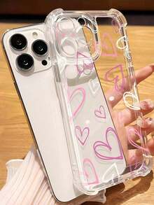 1 Piece Girl Style Pink Heart Pattern Transparent Non-Slip Shockproof Soft Phone Case Compatible With IPhone 11/12/13/14/15/16 Pro Max Waterproof Scratch-Resistant - 無色 - 查看 4