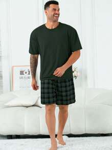 2pcs/Set Plus Size Men's Casual Loose Plaid Short Sleeve T-Shirt And Shorts Pajama Set, Suitable For Spring/Summer