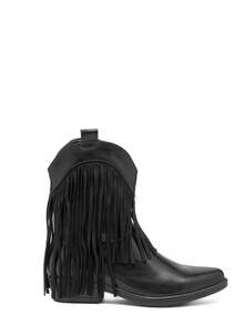 calcena Bottines western pour femme avec franges spectaculaires, bottines de cowboy bohèmes à bout pointu et talon bas incliné, style festival bohème, chaussures en PU à enfiler pour l'été/l'automne - Noir - Voir 2