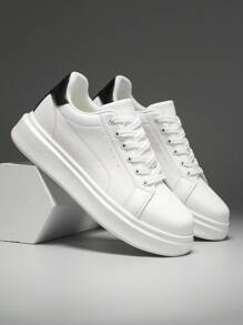 男士时尚拼色平底休闲运动鞋，舒适步行运动鞋，高台前系带，适合日常街头穿着 - 白黑 - 查看 6