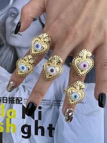 1 pieza Anillo de joyería con forma de corazón chapado en oro con circonita brillante, ojo de la suerte abierto, adecuado para uso diario y fiestas de mujeres