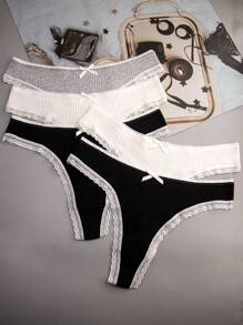 5条装女士棉质高弹力罗纹迷人蝴蝶结蕾丝边内裤