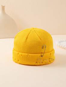 1pc Men's Solid Color Metal Ring Knit Beanie Hat, Minimalist Fashion Versatile Warm Knit Cap For Outdoor, Autumn/Winter Daily Wear Fall Outfit - A - View 11