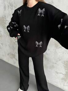 Women Casual Heart Pattern Round Neck Long Sleeve Pullover Top And Long Pants Set, Embroidery Design - Black - View 1