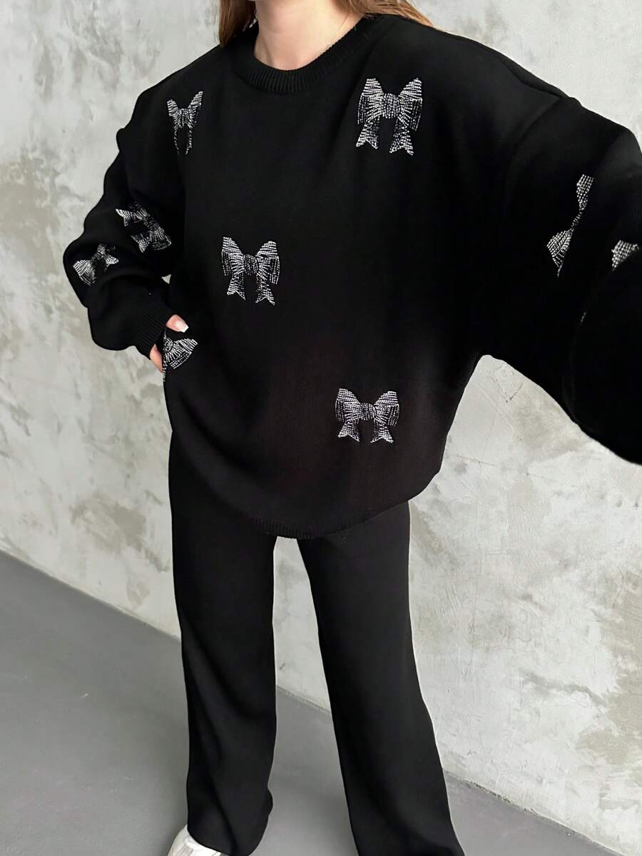 Women Casual Heart Pattern Round Neck Long Sleeve Pullover Top And Long Pants Set, Embroidery Design - Black - View 1