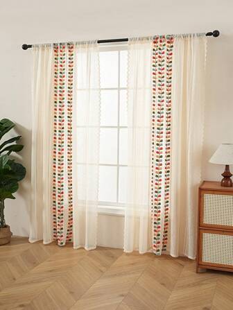 2pcs Branch Pattern Embroidered Lace Curtain Panels, Decorative Room Divider For Holidays
