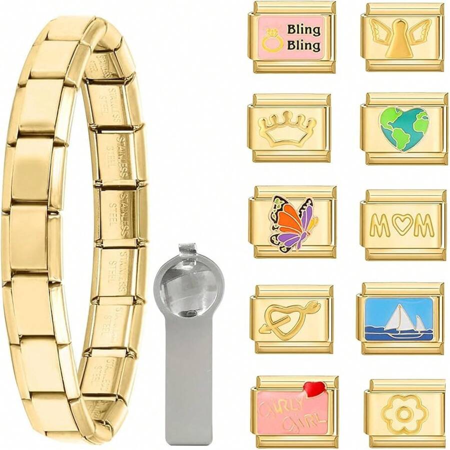 DIY Italian Charms Bracelet Set With 9 Charms And Starter Bracelet - A-Starter 手鍊套裝-金色 - 查看 1