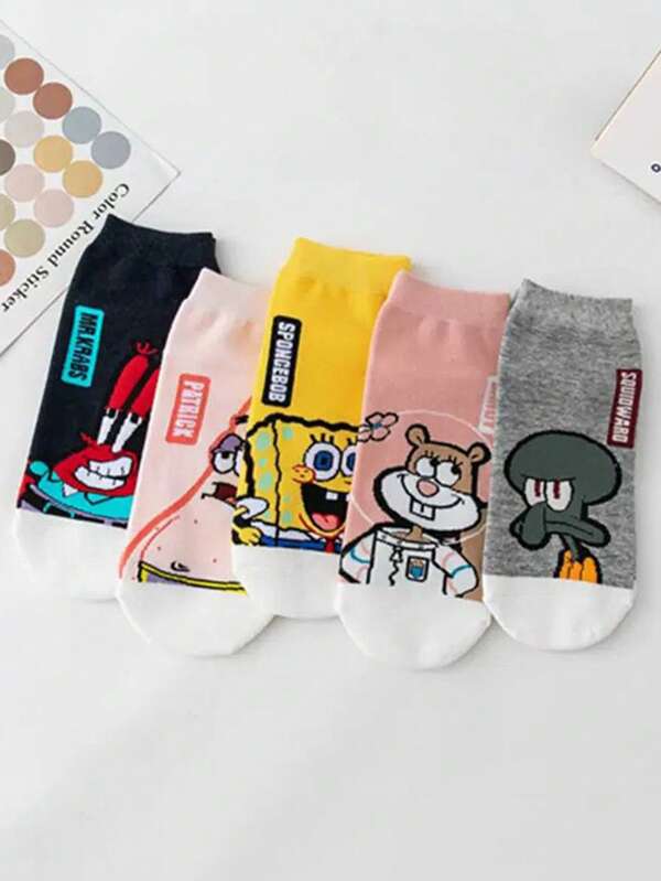 SPONGEBOB 5 Pairs Unisex Shallow Mouth Cute Cartoon SpongeBob Collaboration Adorable Breathable Versatile Short Socks, Daily Wear