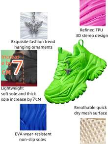 荧光绿女士休闲运动鞋，加大码四季户外轻便EVA 7厘米厚底厚底运动鞋，银色蝴蝶吊坠Y2K滑板鞋 - 螢光綠 - 查看 4