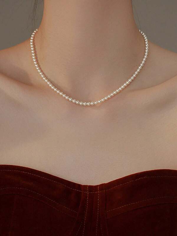 1pc 4mm Faux Pearl Necklace, Minimalist High-End Dainty Choker Necklace For Women, Fashionable Elegant Accessories For Outdoor, Party, Daily Wear