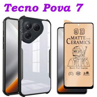 Film protecteur d'écran en céramique et coque de protection antichoc compatible avec Pova 7 - Couverture d'écran complète, protecteur d'écran en céramique souple anti-espionnage et protection des coins par une coque de protection