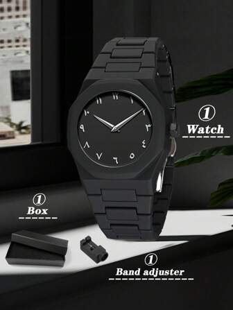 VA VA VOOM 1 件男士手表，阿拉伯数字表盘，绿色和蓝色和灰色多边形表壳，石英腕表，休闲男士手表，优雅黑色盒子 + 调节器 + 石英表，适合作为礼物