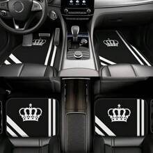 4pcs Car Floor Mats - Crown Printed Carpets, Non-Leather Material, Universal Fit Polyester Fiber Front & Rear Seat Car Mats - Suitable For Sedans, Coupes, SUVs, All-Weather Vehicle Interior Decors, Car Interior Accessories